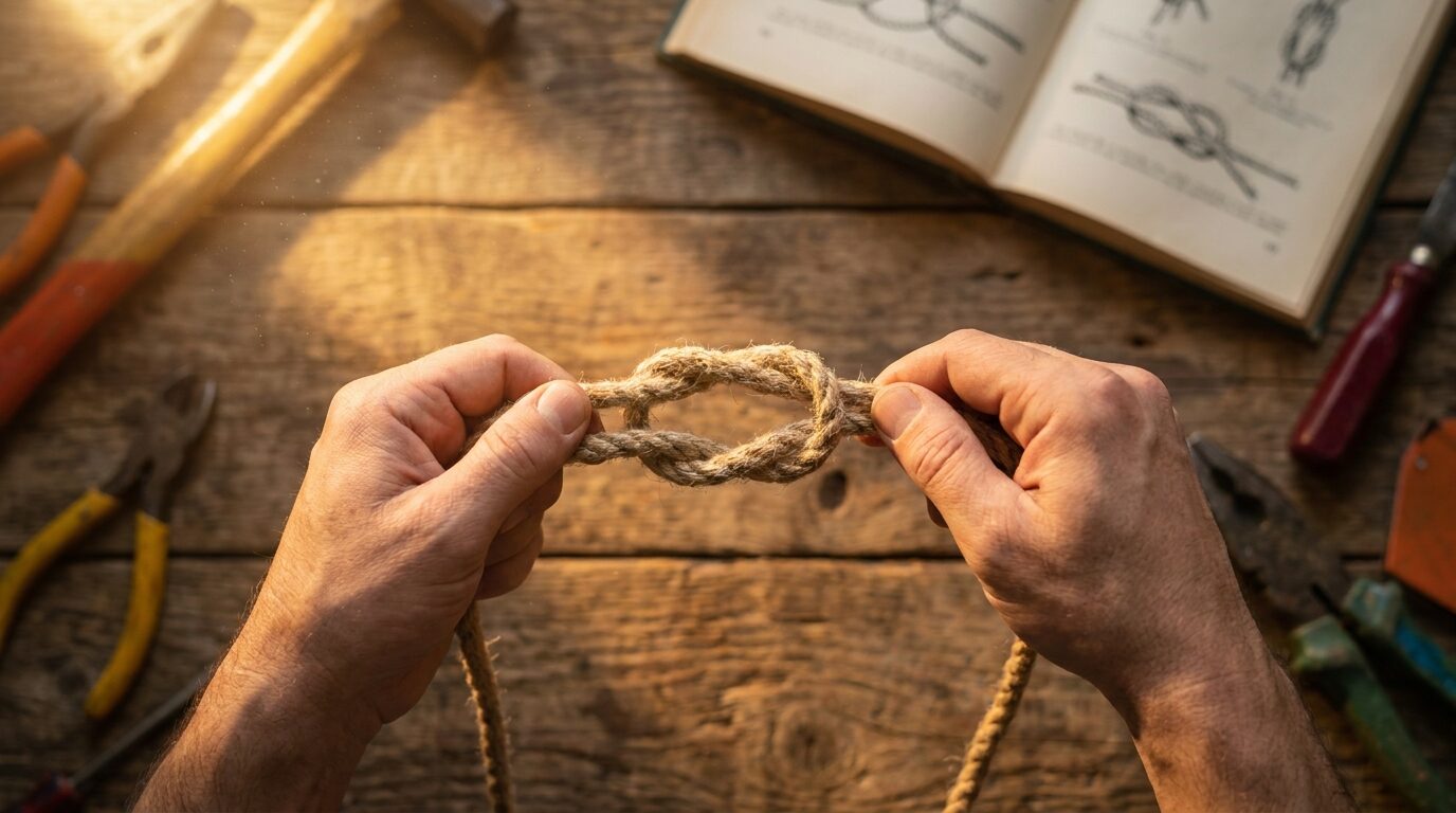 Vista cenital de manos adultas practicando un nudo marinero con una soga gruesa sobre una mesa de madera, con un libro abierto y desenfocado al costado, bajo luz cálida de tarde
