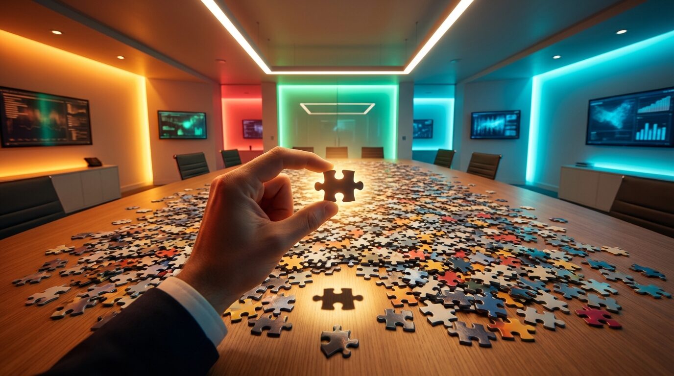 Una mano sosteniendo una pieza de rompecabezas frente a cientos de piezas dispersas sobre una mesa de reuniones, representando la insuficiencia de medir con un solo indicador